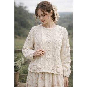 Vintage 90's Chunky Knit Floral 3-D Pullover Sweater Pearls S Oversized Cottage